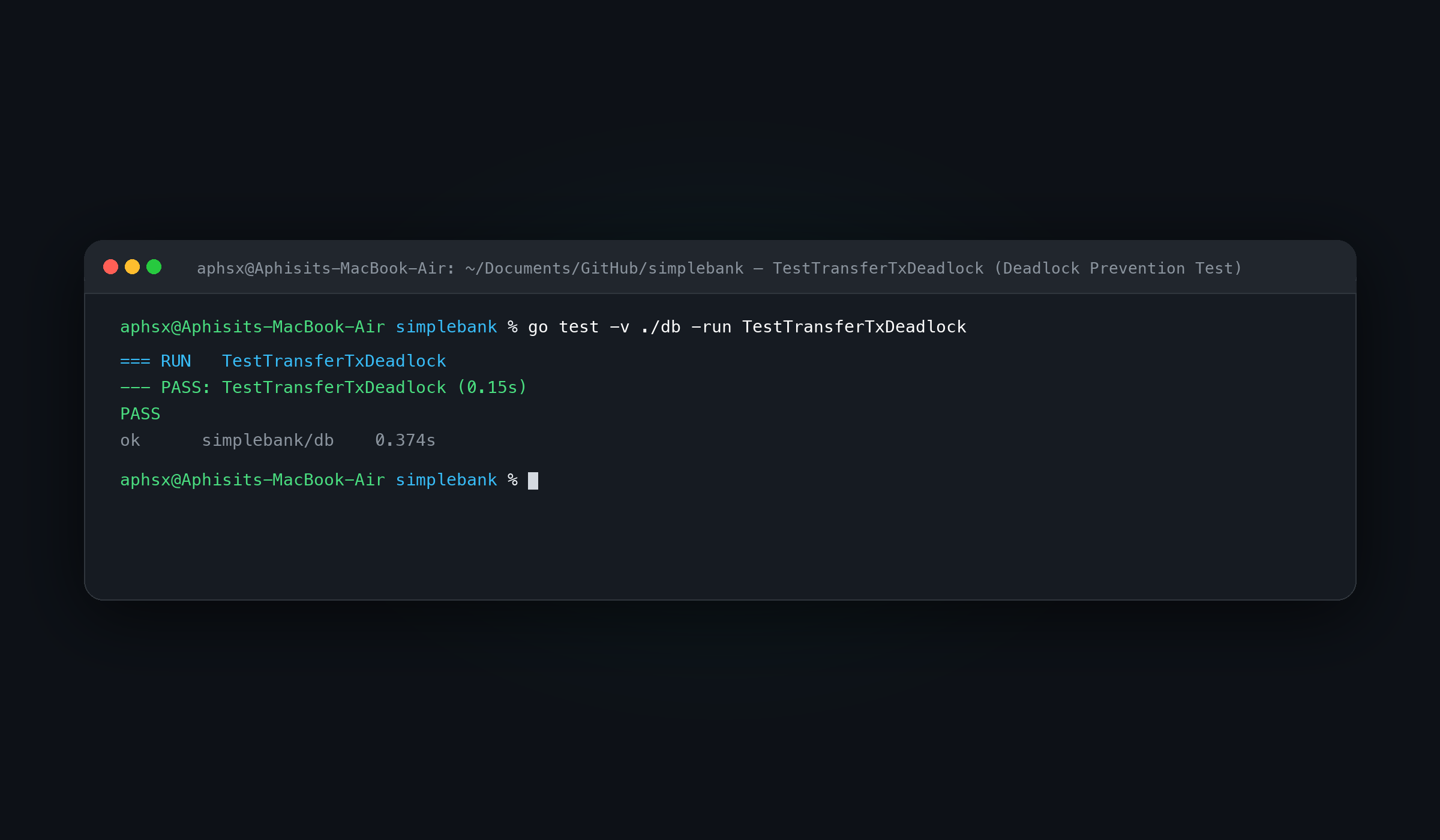 การทดสอบป้องกัน Deadlock (TestTransferTxDeadlock): จำลอง 10 ธุรกรรมโอนเงินสวนทางกันพร้อมกัน ผ่านฉลุย 100%